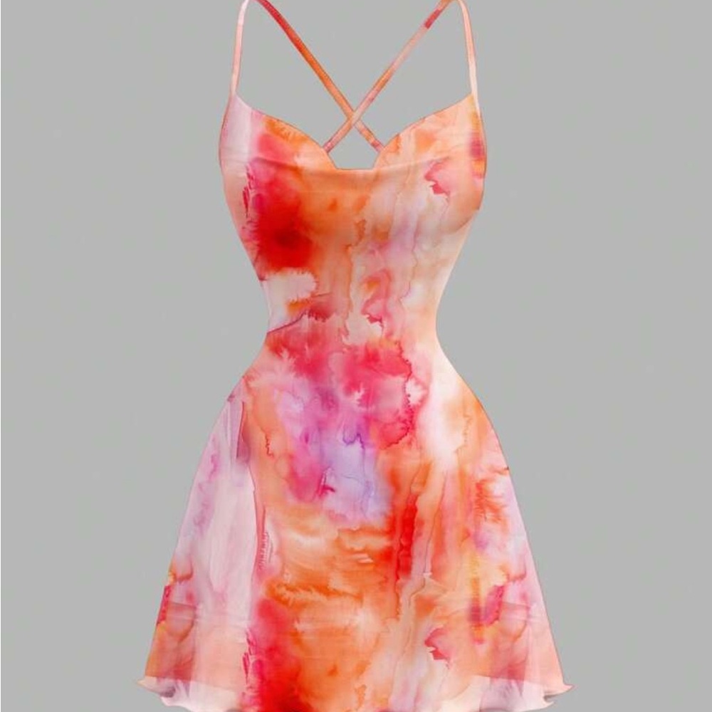 Pink and orange Watercolor Print Dress